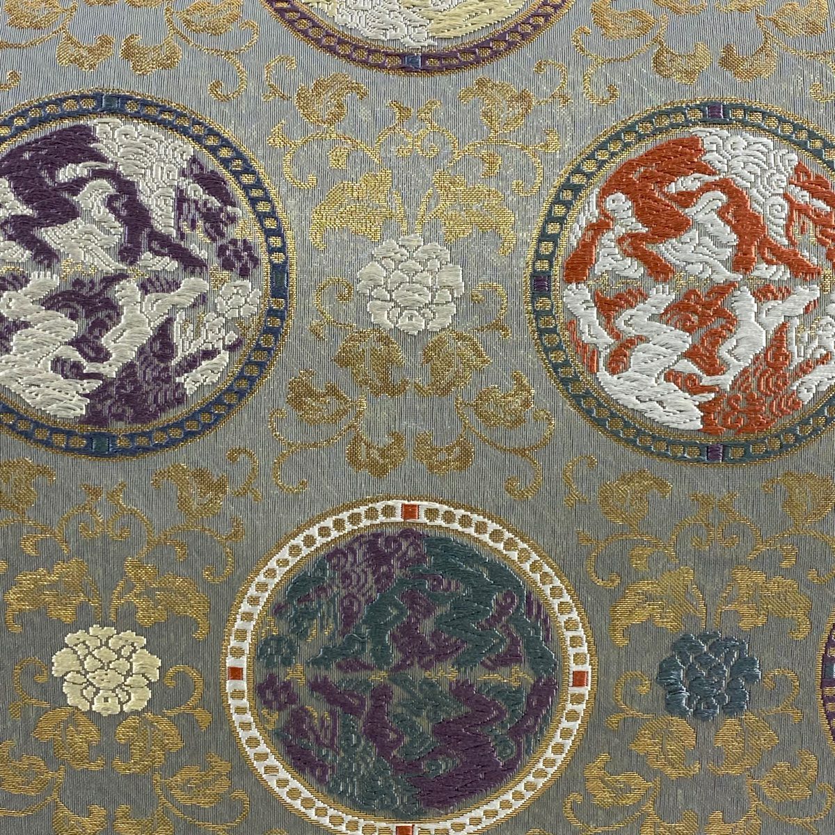 袋帶 秀品級 圓文 花唐草紋 刺繡 金金箔 灰 深藍 六通 純蠶絲