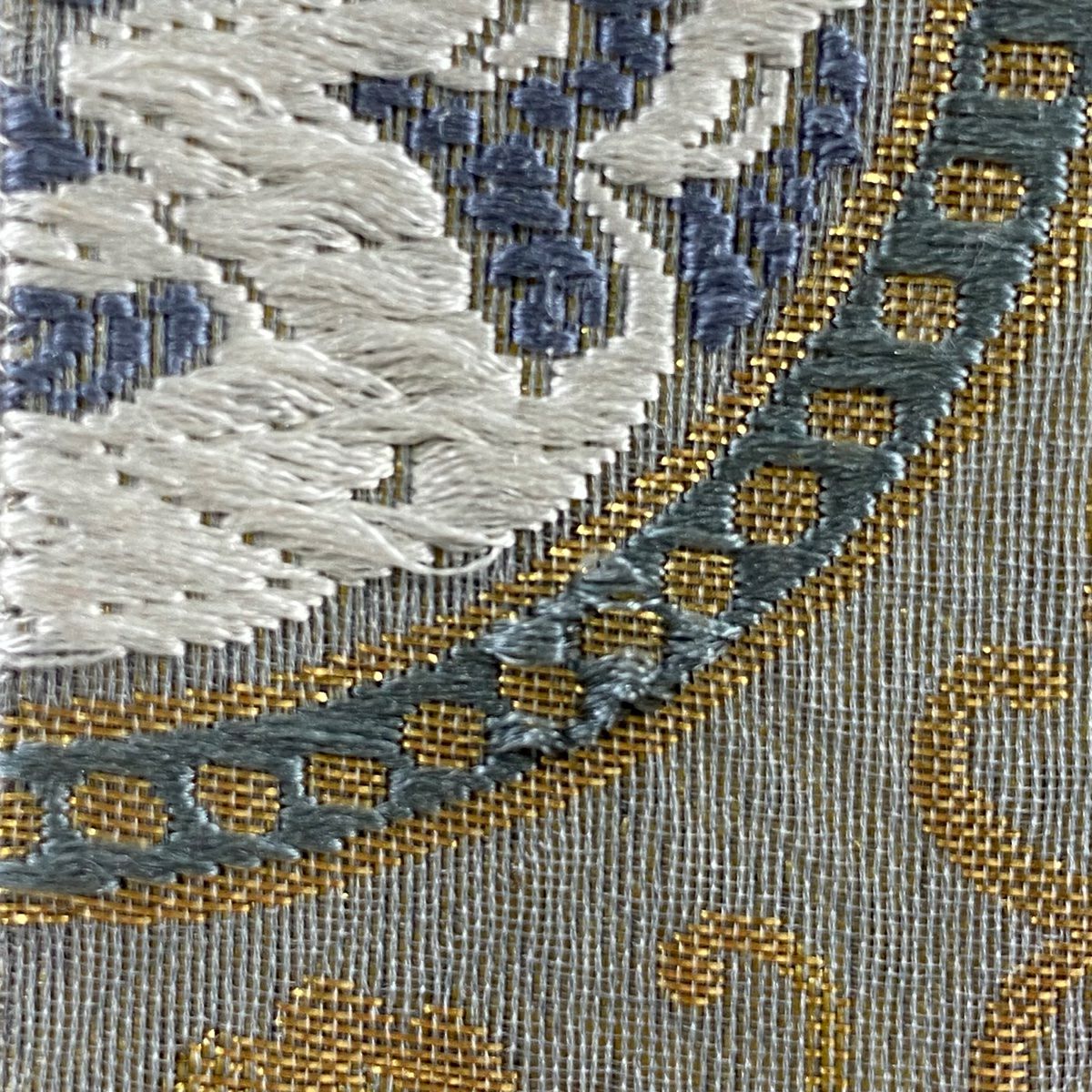 袋帶 秀品級 圓文 花唐草紋 刺繡 金金箔 灰 深藍 六通 純蠶絲