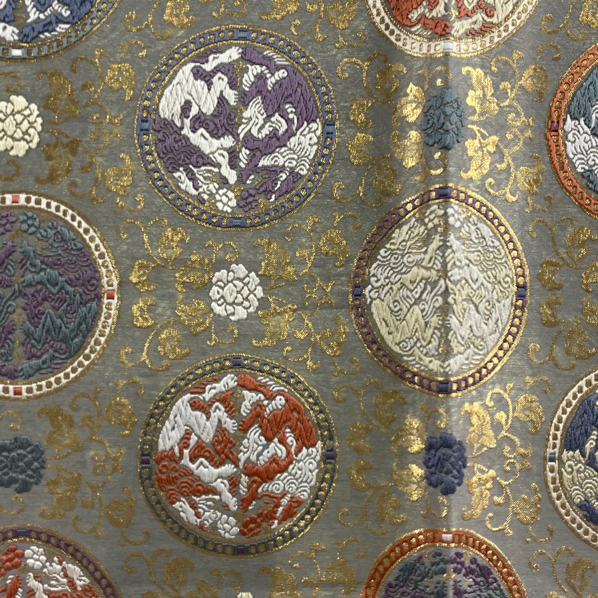 袋帶 秀品級 圓文 花唐草紋 刺繡 金金箔 灰 深藍 六通 純蠶絲