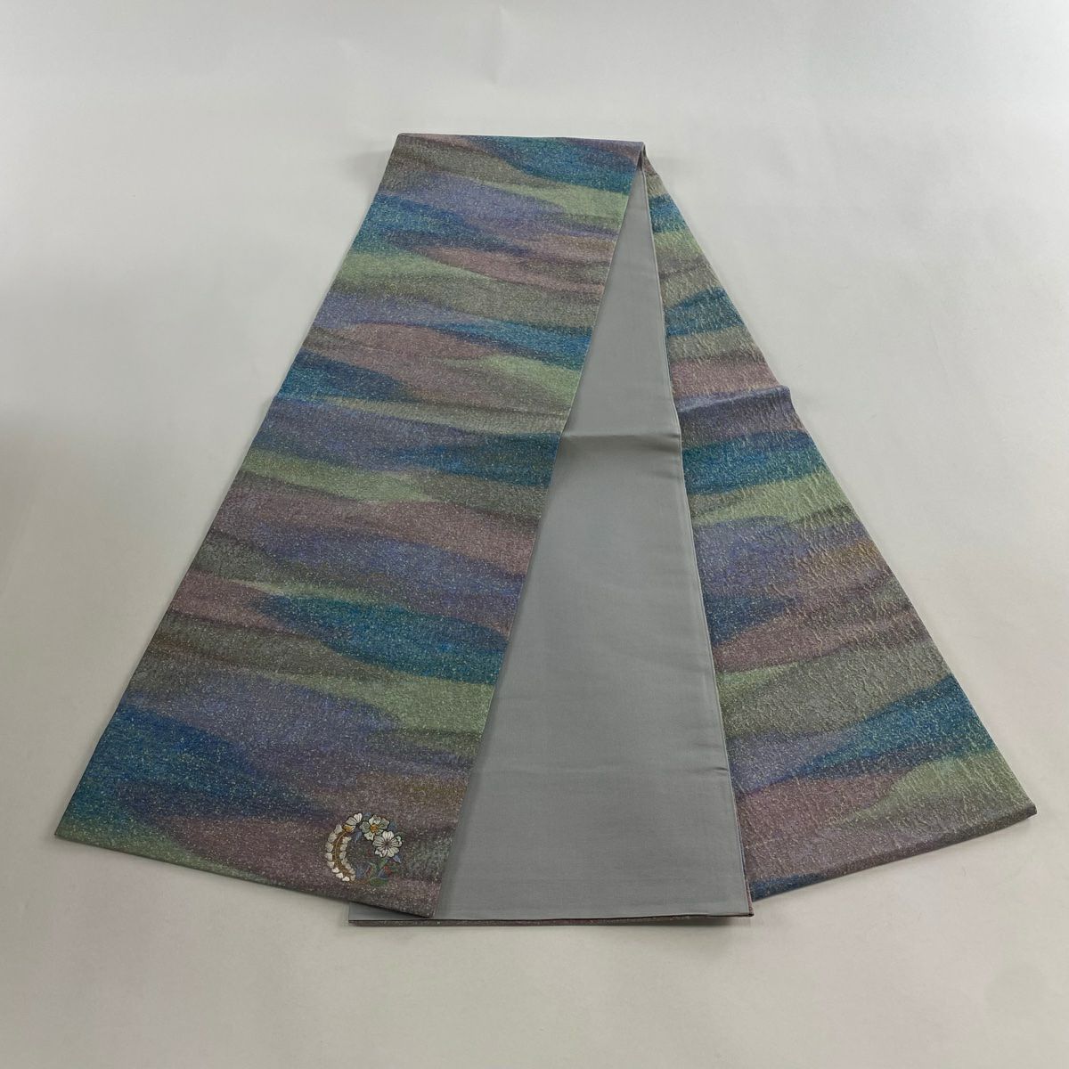 【美品】 袋帶 優品級 單點圖案 霞 金通透 漸變 青綠 全通 純蠶絲