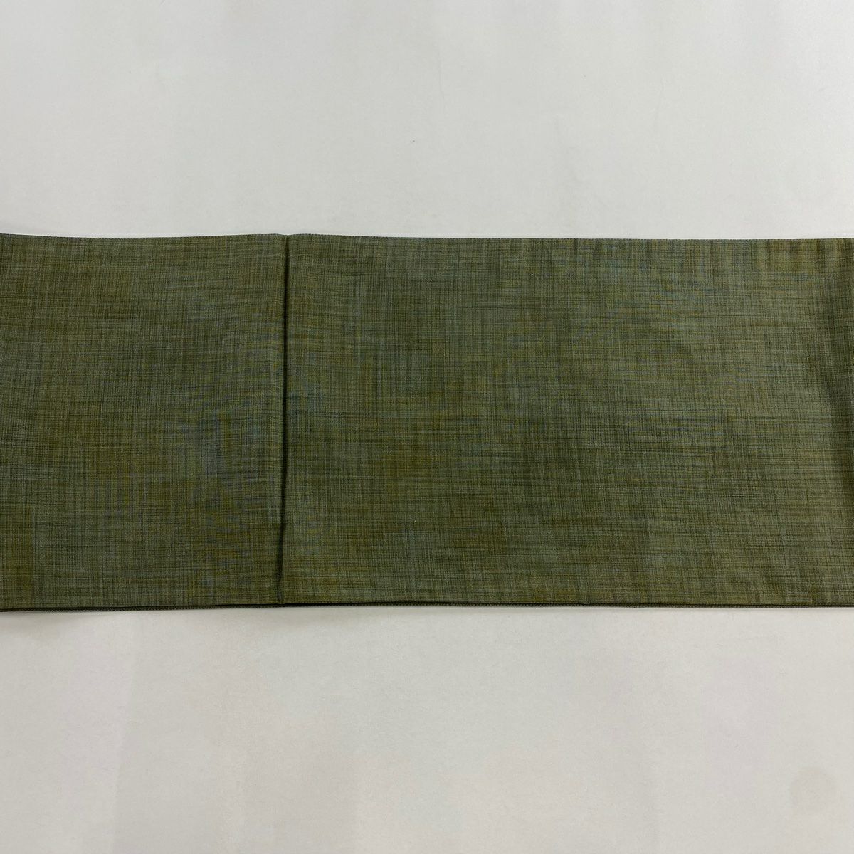 【美品】 袋帶 秀品級 文字文 縞 茶綠 六通 純蠶絲