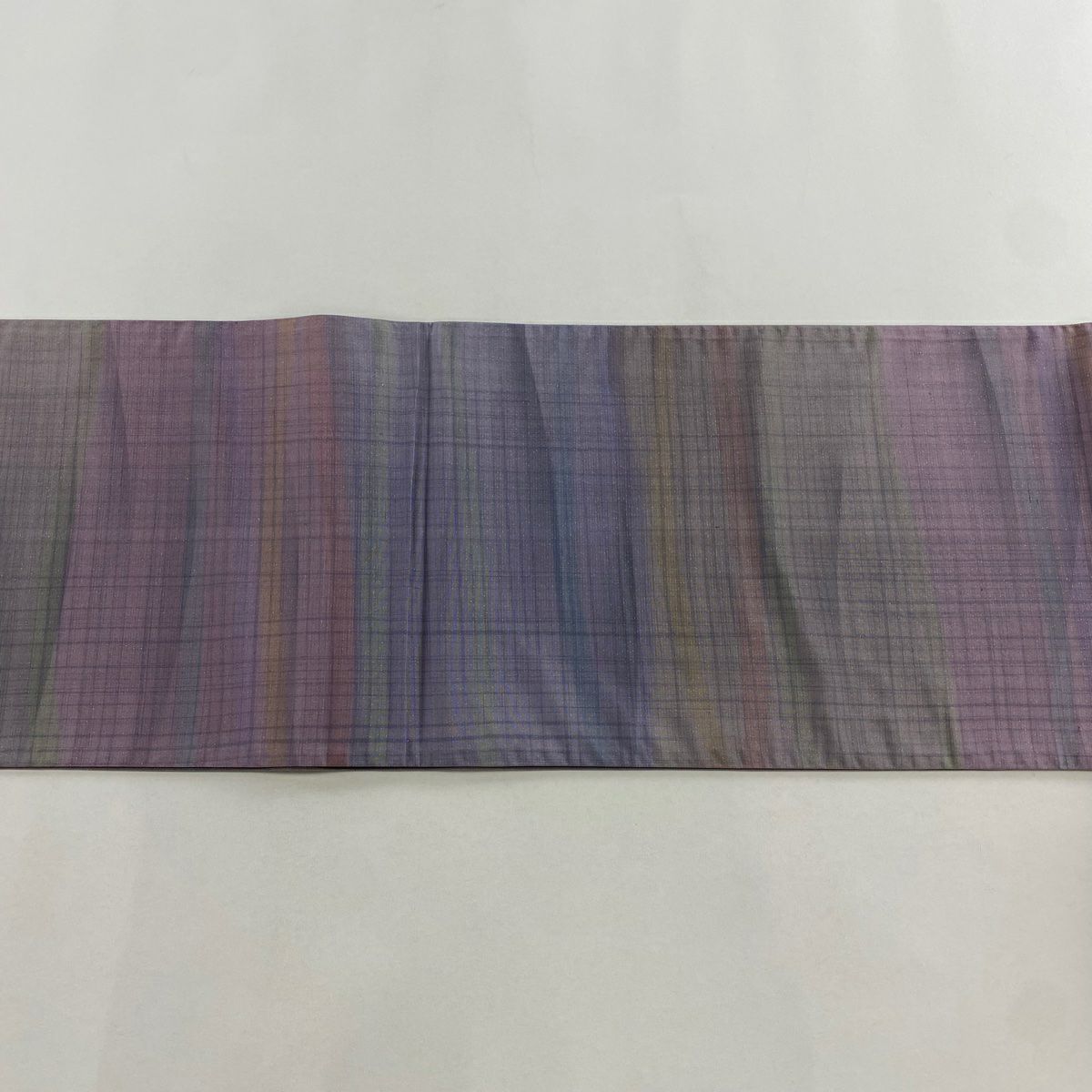 【美品】 袋帶 秀品級 落款あり 紬織織 格子 縞 金通 薄紫 全通 純蠶絲
