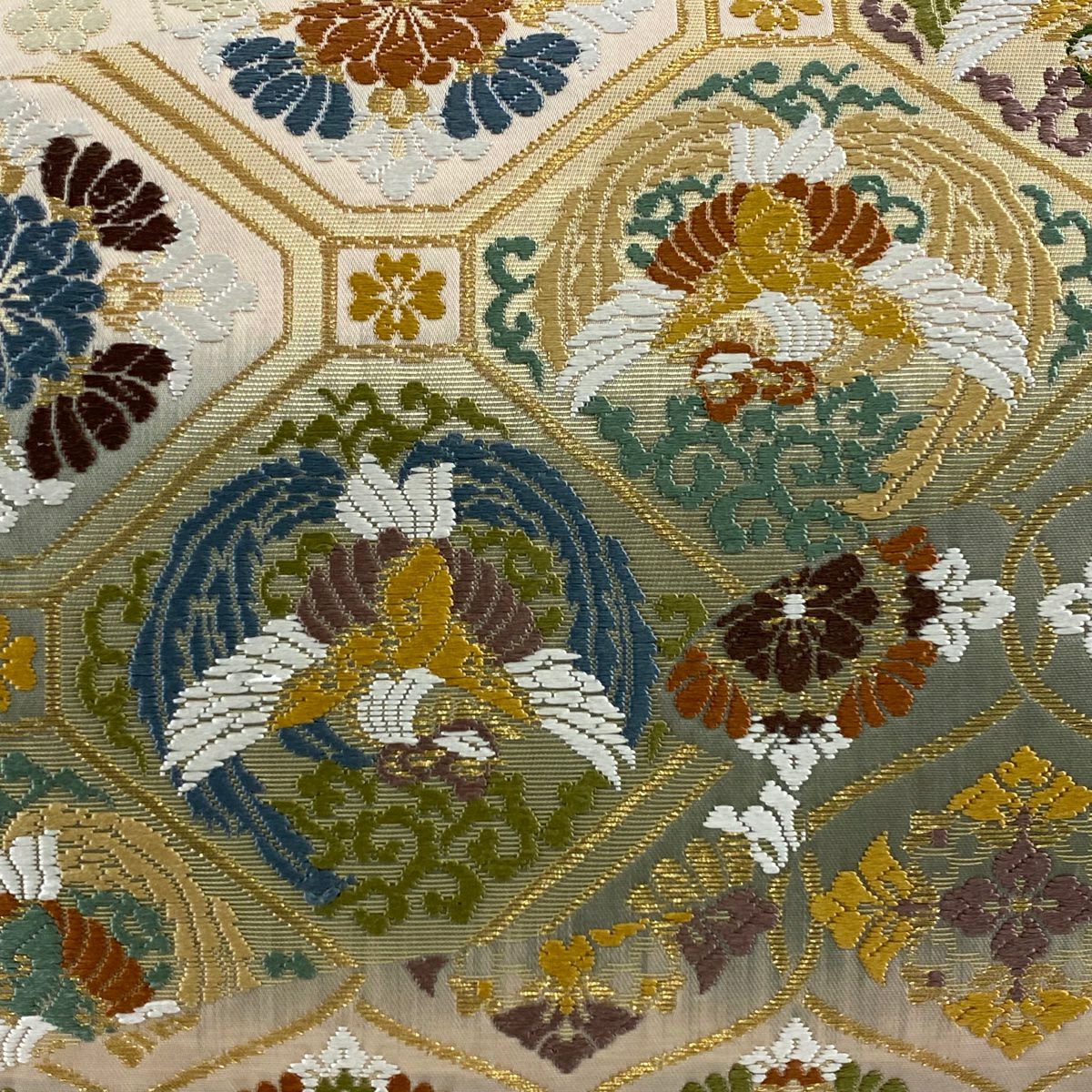 【美品】 袋帶 秀品級 蜀江文 華紋 金絲 唐織 米色 六通 純蠶絲