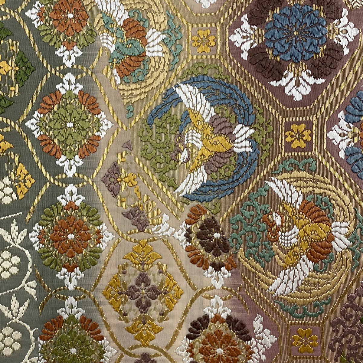 【美品】 袋帶 秀品級 蜀江文 華紋 金絲 唐織 米色 六通 純蠶絲