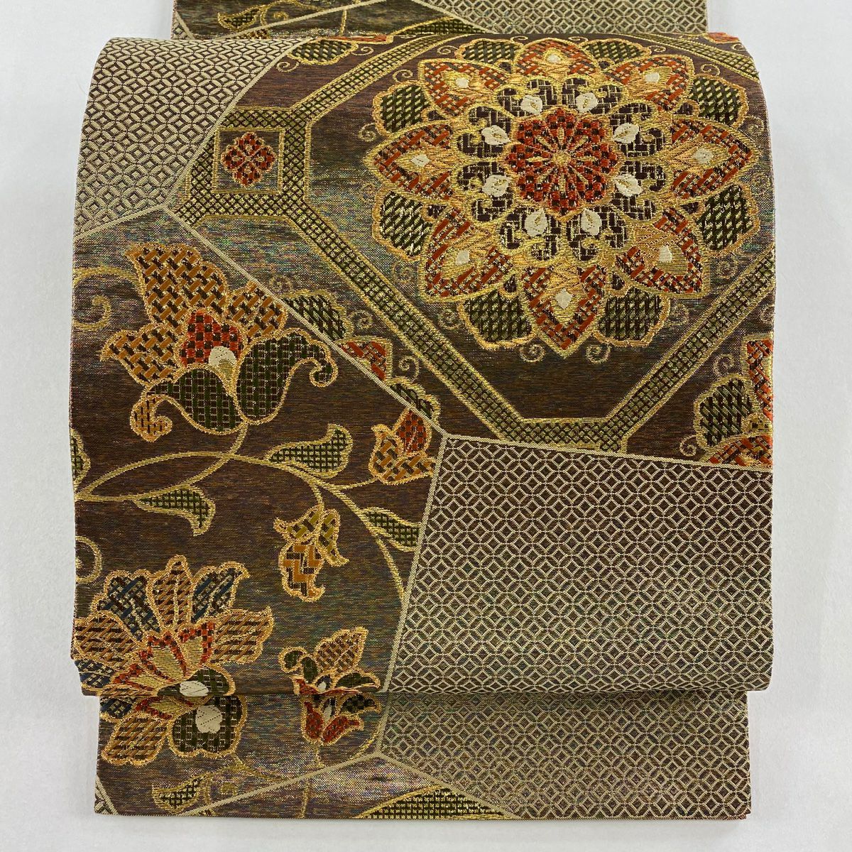 【美品】 袋帶 秀品級 華紋 鳳凰 金糸 金金箔 茶紫 六通 純蠶絲