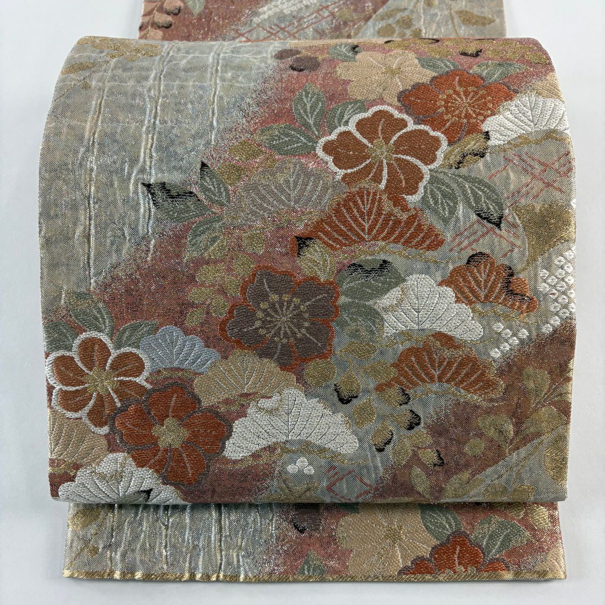 【美品】 袋帶 秀品級 辻花染圖案 松樹 金絲 金金箔 銀 六通 純蠶絲