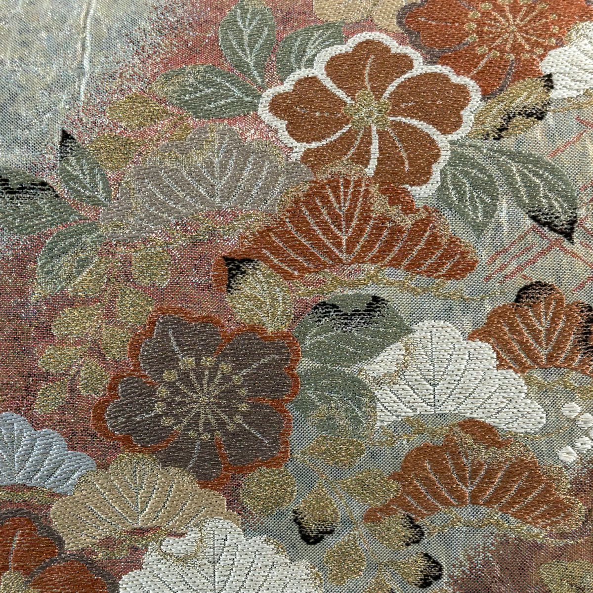 【美品】 袋帶 秀品級 辻花染圖案 松樹 金絲 金金箔 銀 六通 純蠶絲