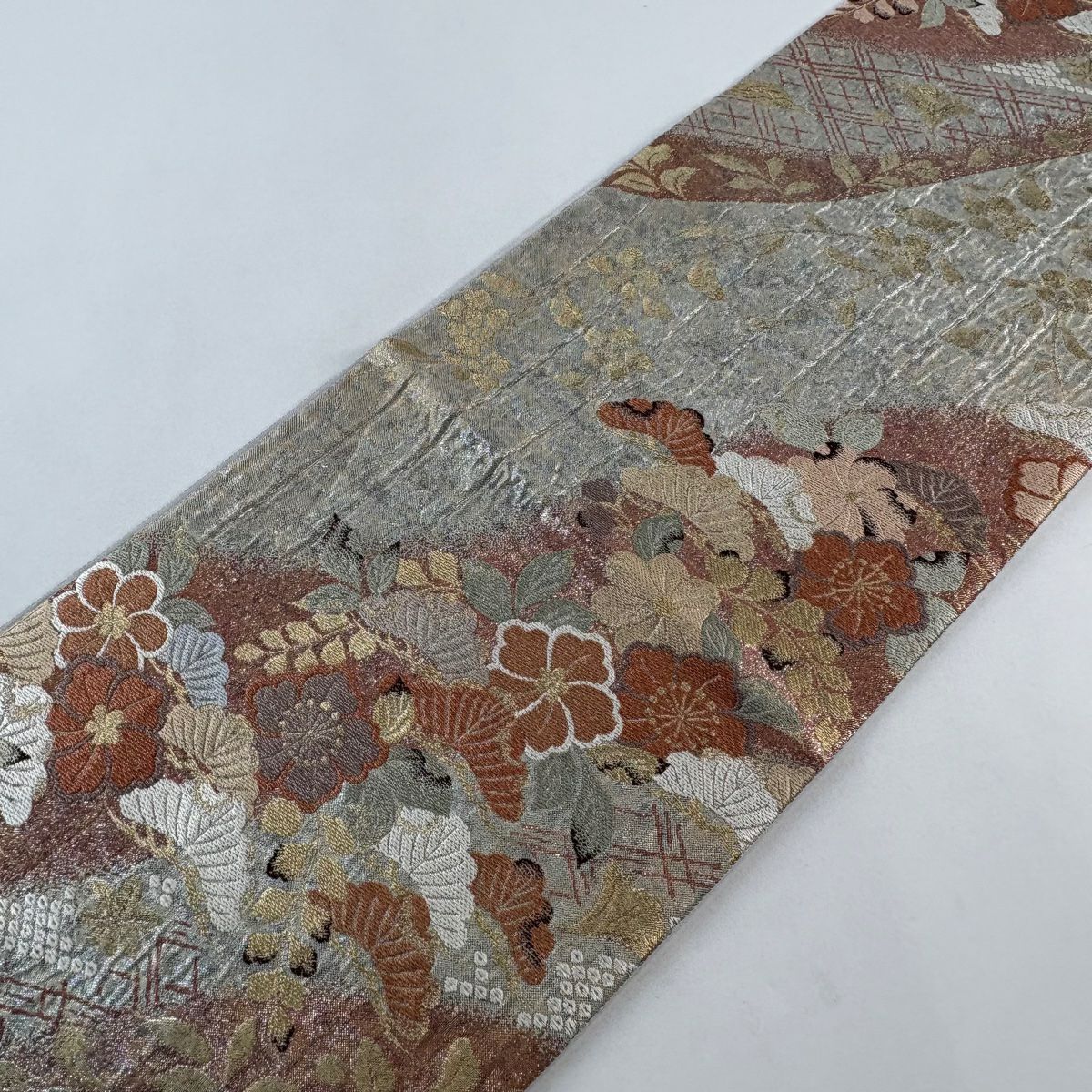 【美品】 袋帶 秀品級 辻花染圖案 松樹 金絲 金金箔 銀 六通 純蠶絲