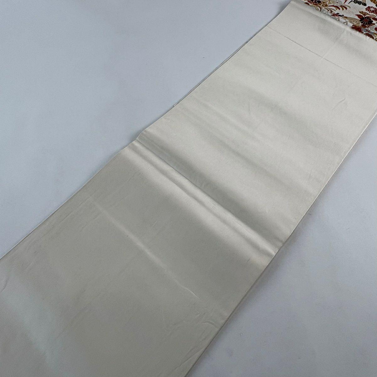 【美品】 袋帶 秀品級 草花紋紋 間垣刺繡 金絲 奶油色 六通 純蠶絲