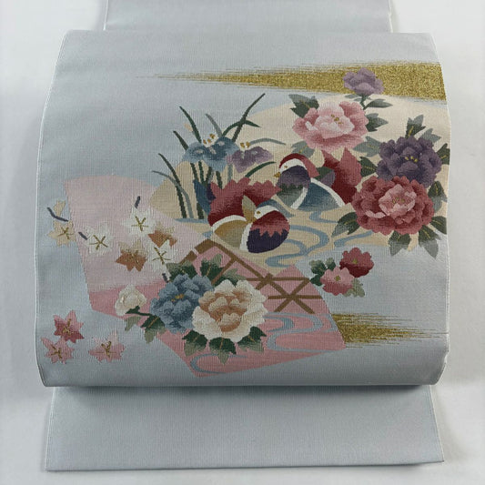 【美品】 名古屋帶 秀品級 松樹葉仕立 八寸名古屋帶 鴛鴦 牡丹 金糸 灰色 純蠶絲