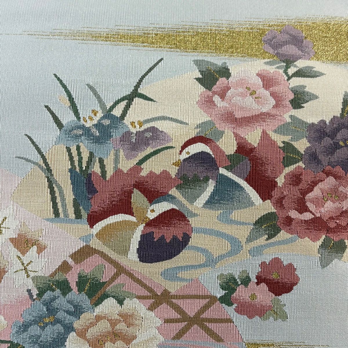 【美品】 名古屋帶 秀品級 松樹葉仕立 八寸名古屋帶 鴛鴦 牡丹 金糸 灰色 純蠶絲