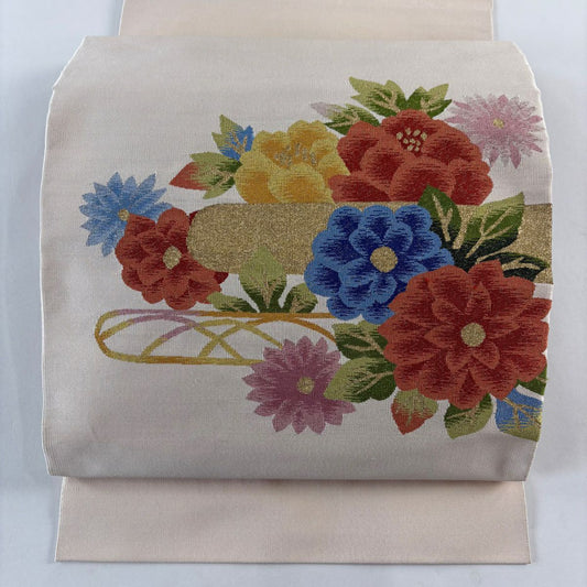 【美品】名古屋帶 秀品級 松樹葉仕立 八寸名古屋帶 草花紋紋 霞 金糸 薄橙 純蠶絲