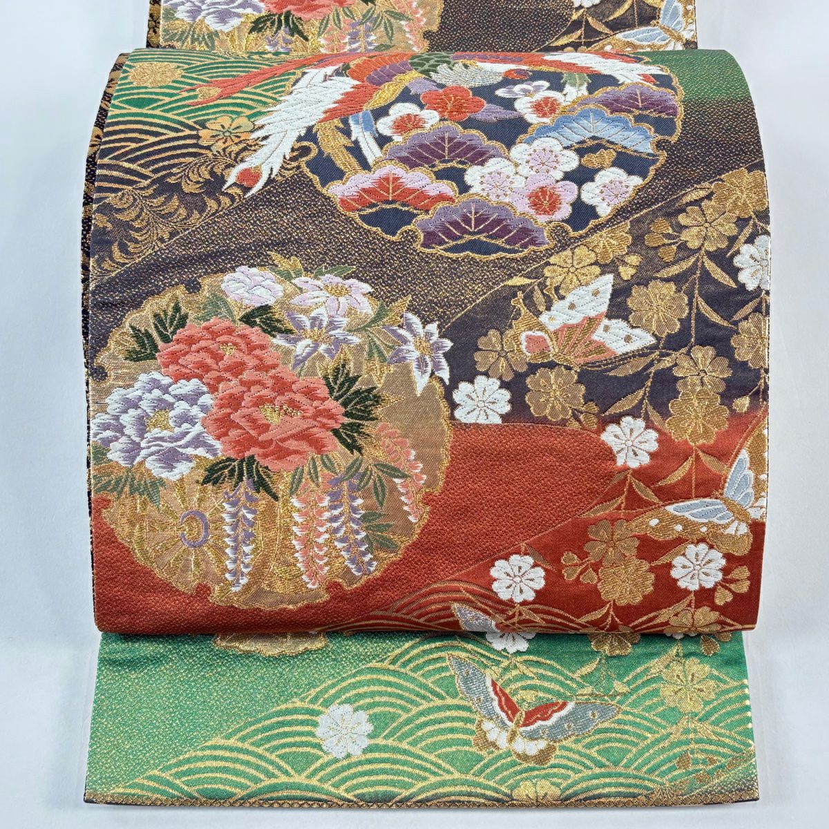 袋帶 秀品級 鳳凰 雪輪 唐織 金金箔 綠 六通 純蠶絲