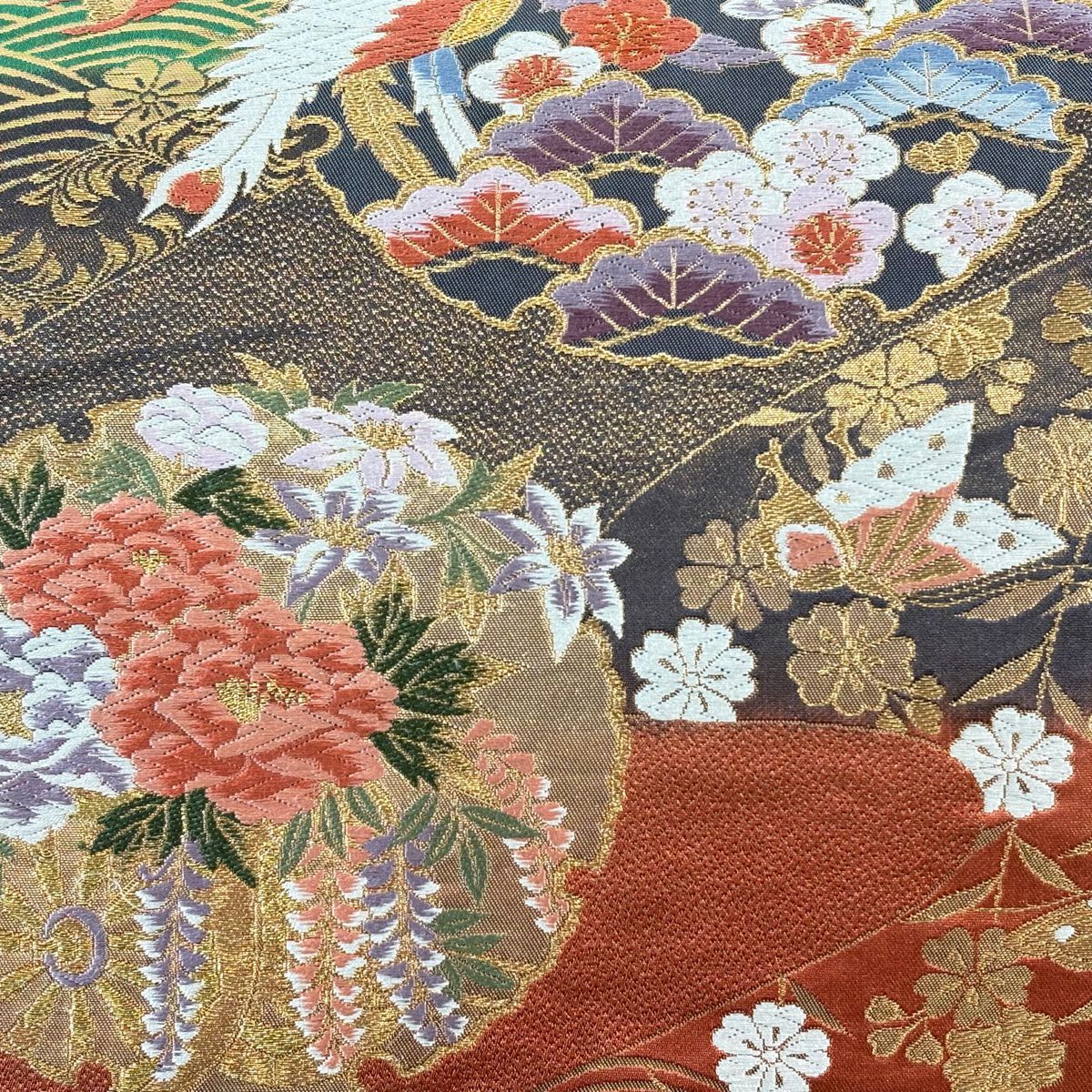 袋帶 秀品級 鳳凰 雪輪 唐織 金金箔 綠 六通 純蠶絲