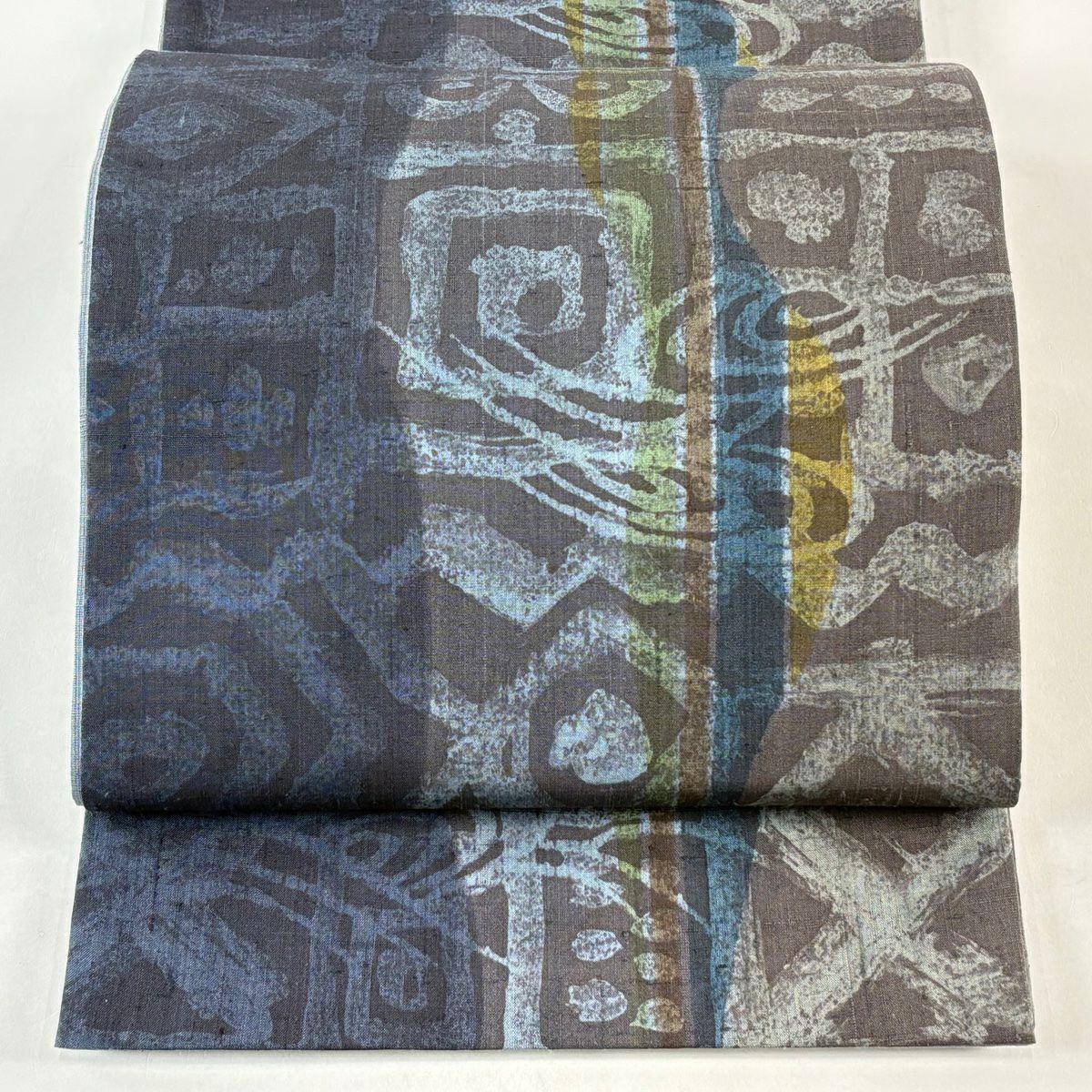 【美品】 袋帶 秀品級 紬織織 幾何學 黑灰 全通 純蠶絲