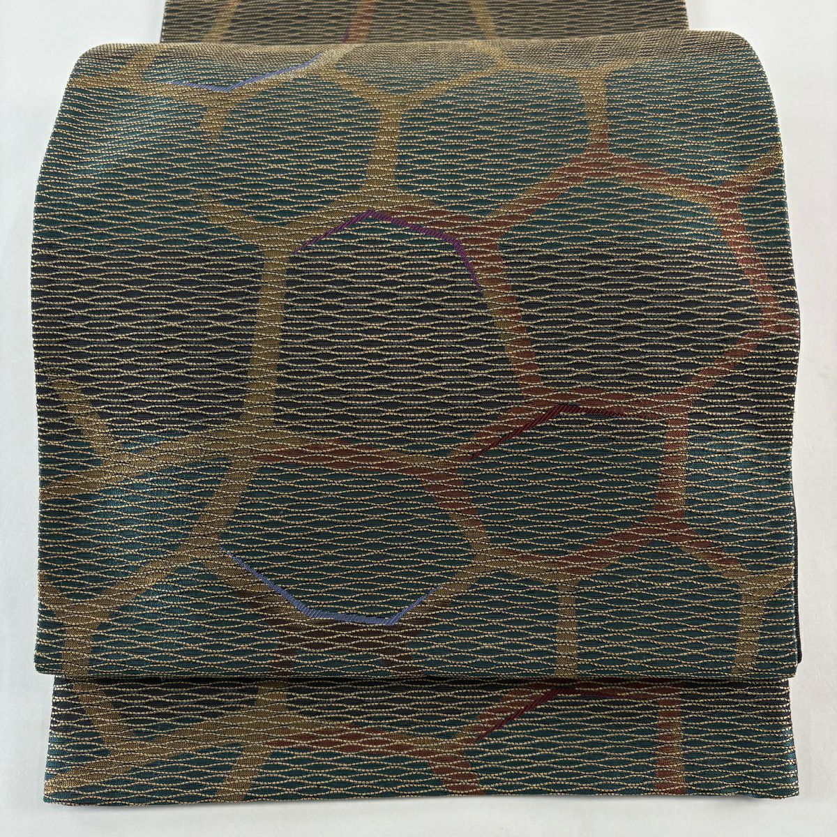 【美品】 袋帶 秀品級 幾何學 金絲 青綠 六通 純蠶絲