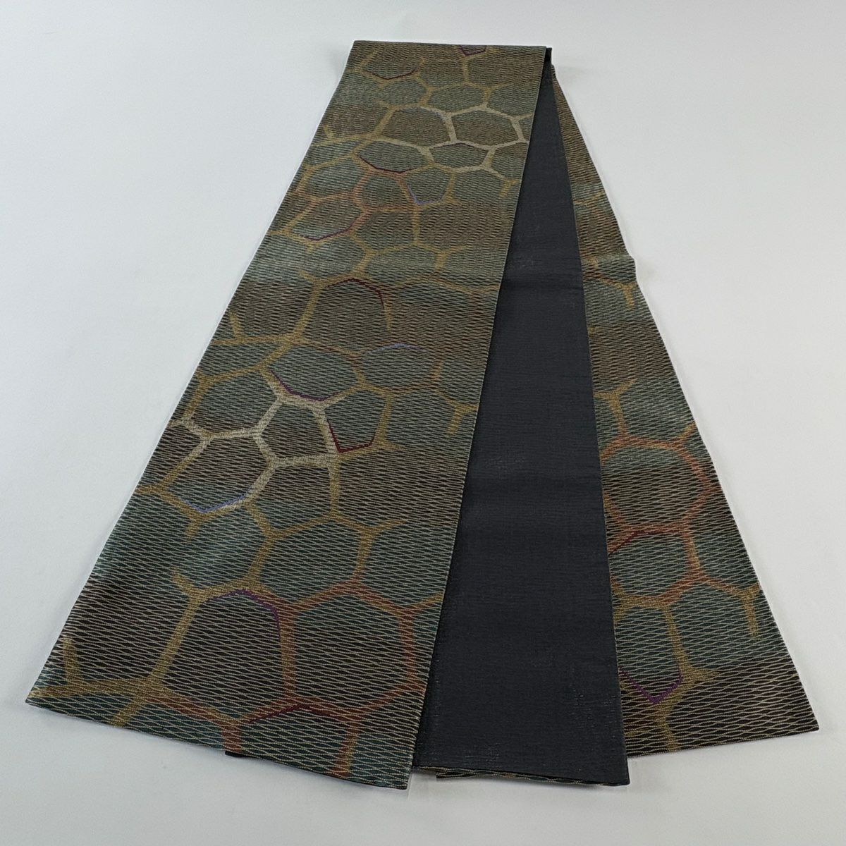 【美品】 袋帶 秀品級 幾何學 金絲 青綠 六通 純蠶絲