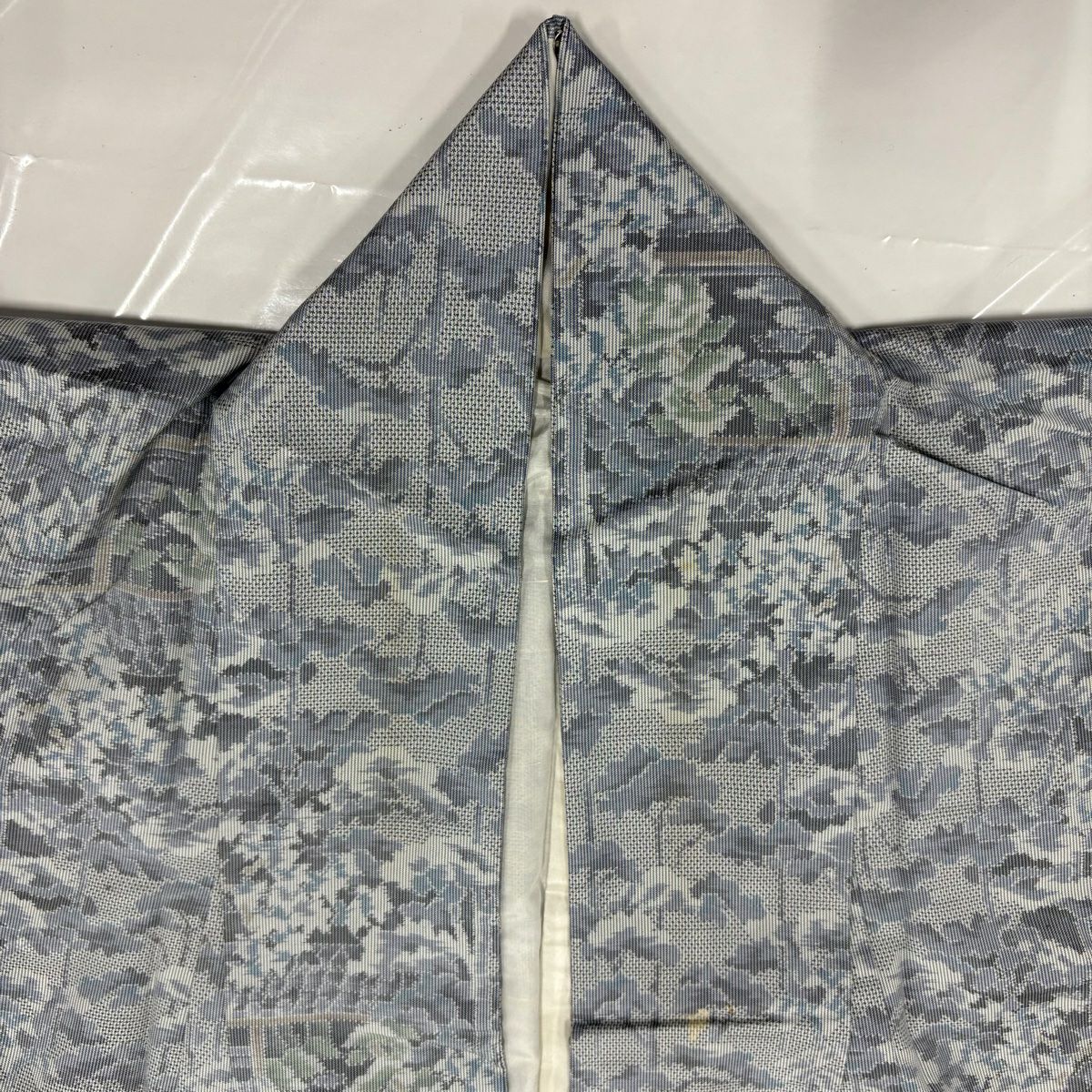 紬織 身長152cm 袖長63.5cm S 雙層 樹木 建物 青灰 純蠶絲 秀品級