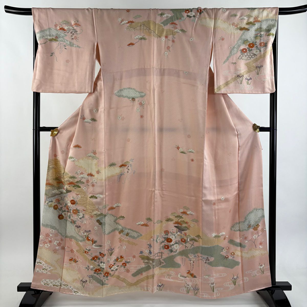 訪問服 身長159.5cm 袖長67.5cm L 雙層 建物 松樹竹子梅花 絞染 金彩裝飾 淺粉色 純蠶絲 秀品級