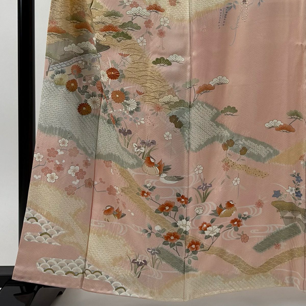訪問服 身長159.5cm 袖長67.5cm L 雙層 建物 松樹竹子梅花 絞染 金彩裝飾 淺粉色 純蠶絲 秀品級