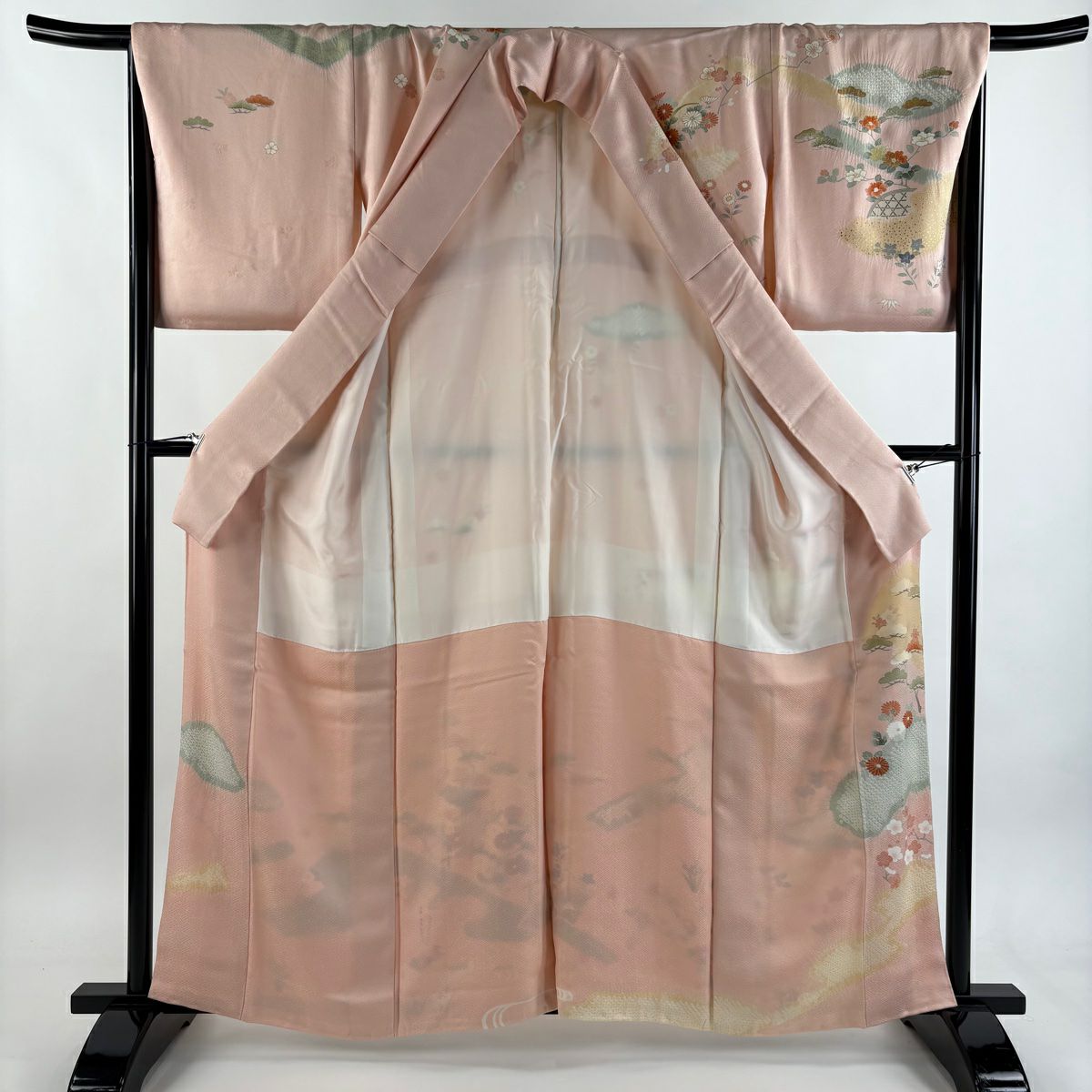 訪問服 身長159.5cm 袖長67.5cm L 雙層 建物 松樹竹子梅花 絞染 金彩裝飾 淺粉色 純蠶絲 秀品級