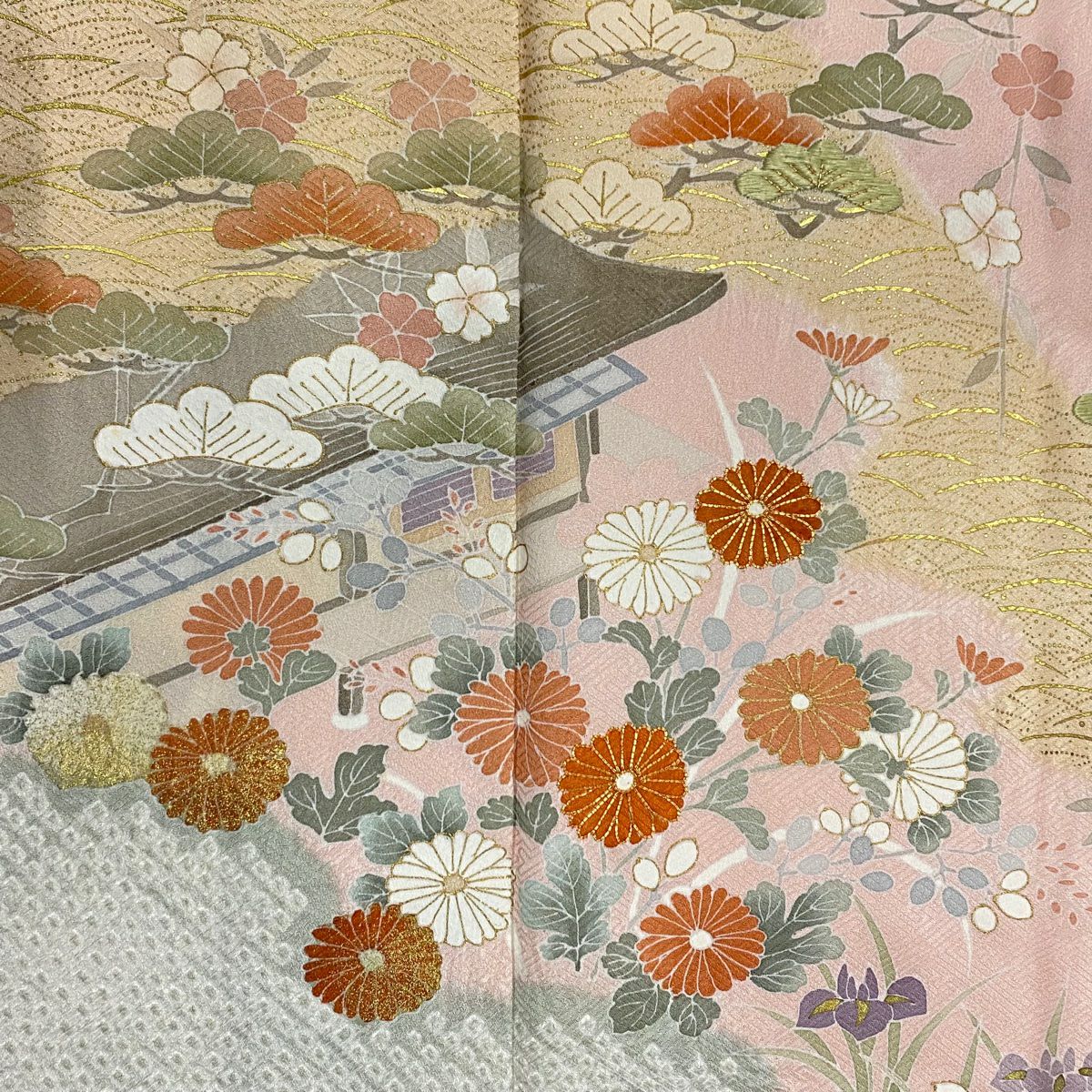 訪問服 身長159.5cm 袖長67.5cm L 雙層 建物 松樹竹子梅花 絞染 金彩裝飾 淺粉色 純蠶絲 秀品級