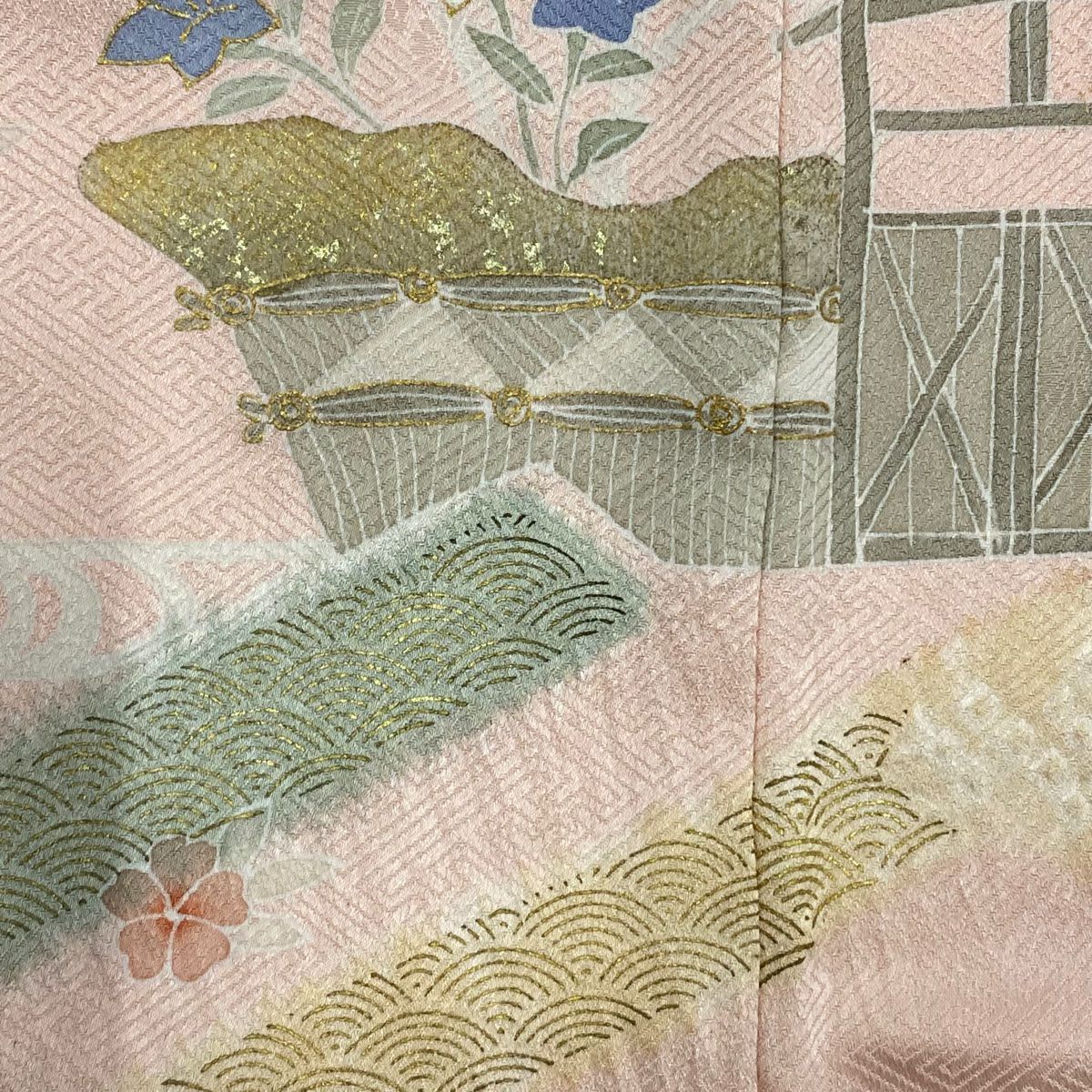訪問服 身長159.5cm 袖長67.5cm L 雙層 建物 松樹竹子梅花 絞染 金彩裝飾 淺粉色 純蠶絲 秀品級