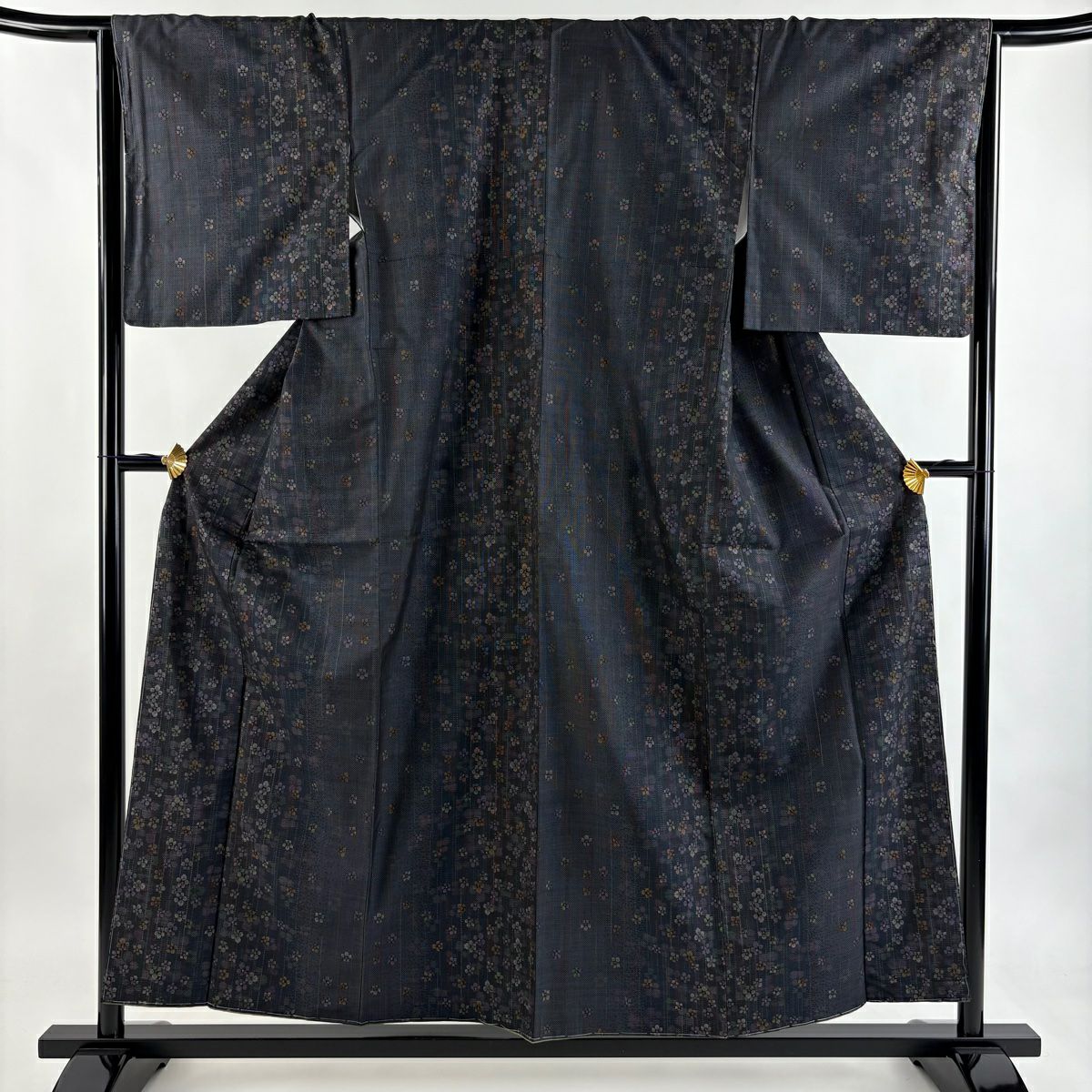 【美品】 紬織 身長156.5cm 袖長65.5cm M 雙層 花 縱條 灰紫 純蠶絲 秀品級