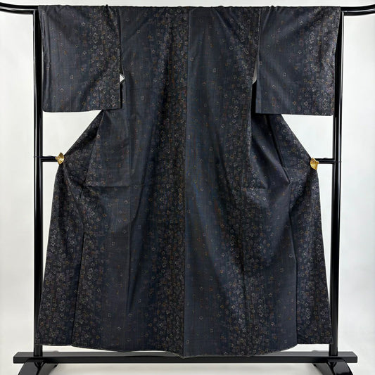 【美品】 紬織 身長156.5cm 袖長65.5cm M 雙層 花 縱條 灰紫 純蠶絲 秀品級