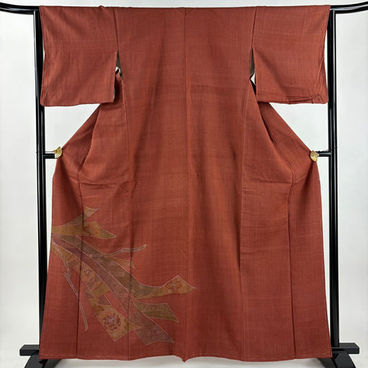 【美品】 付下 身長163cm 袖長63cm S 雙層 紬織織 熨斗紋 華紋 刺繡 金銀彩 紅茶 純蠶絲 秀品級