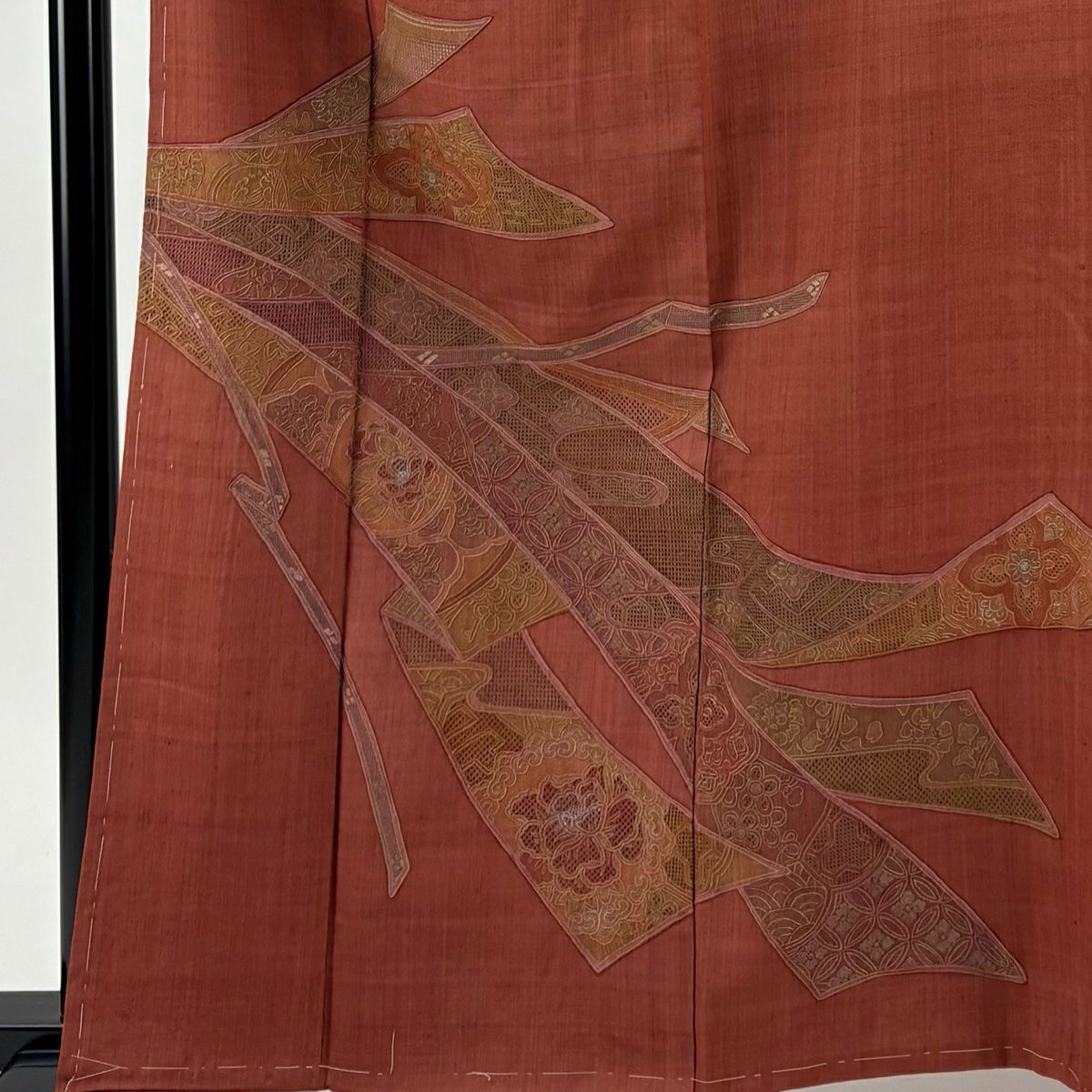 【美品】 付下 身長163cm 袖長63cm S 雙層 紬織織 熨斗紋 華紋 刺繡 金銀彩 紅茶 純蠶絲 秀品級