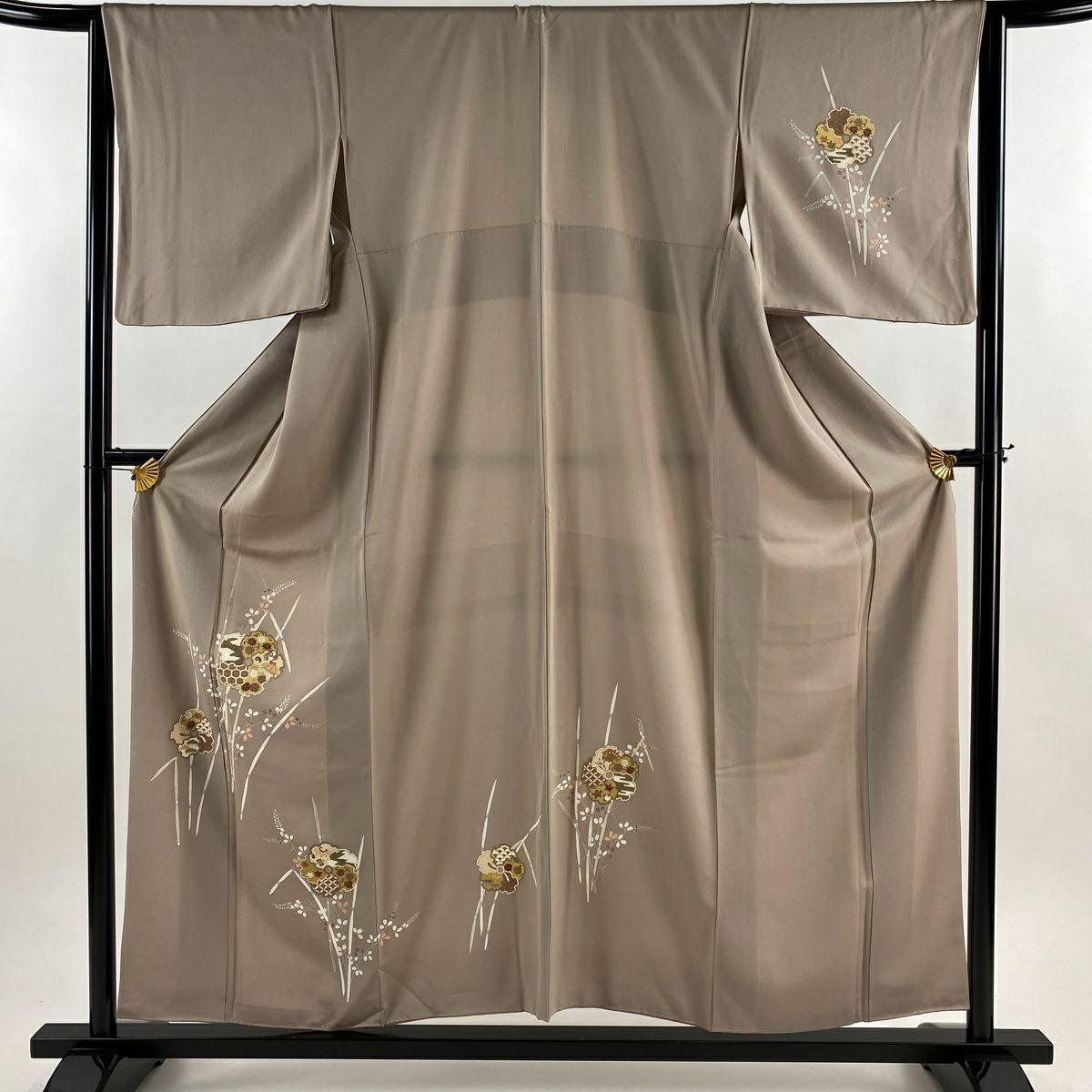 付下 身長156cm 袖長63cm S 雙層 秋草 木賊 金銀彩 灰茶 純蠶絲 秀品級 一つ紋