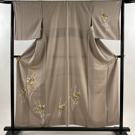 付下 身長156cm 袖長63cm S 雙層 秋草 木賊 金銀彩 灰茶 純蠶絲 秀品級 一つ紋