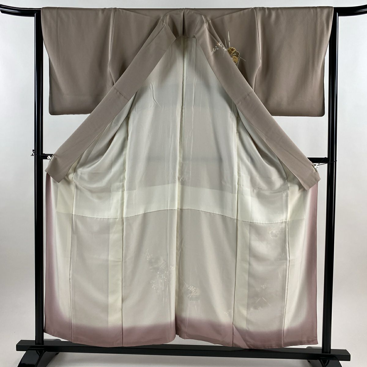 付下 身長156cm 袖長63cm S 雙層 秋草 木賊 金銀彩 灰茶 純蠶絲 秀品級 一つ紋