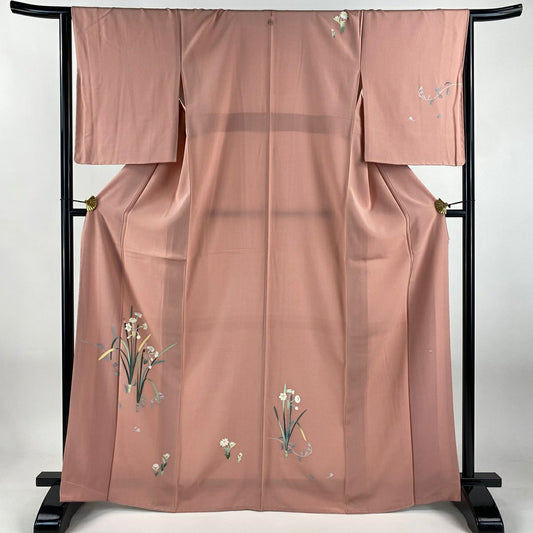 【美品】 付下 身長167cm 袖長65.5cm M 雙層 落款 草花紋紋 粉紅 純蠶絲 秀品級 一つ紋