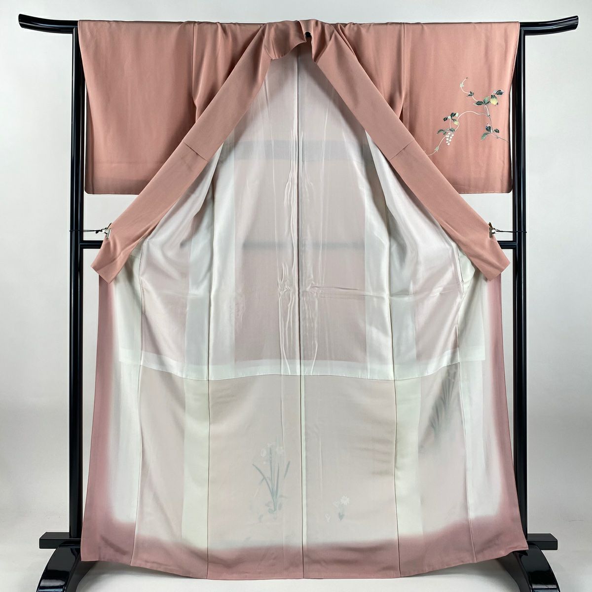 【美品】 付下 身長167cm 袖長65.5cm M 雙層 落款 草花紋紋 粉紅 純蠶絲 秀品級 一つ紋