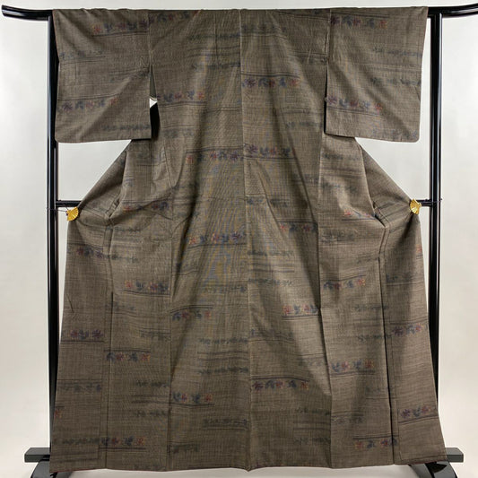 【美品】 大島紬織 身長164.5cm 袖長63.5cm S 雙層 純泥染 證書附帶 草花紋紋 焦茶 純蠶絲 優品級