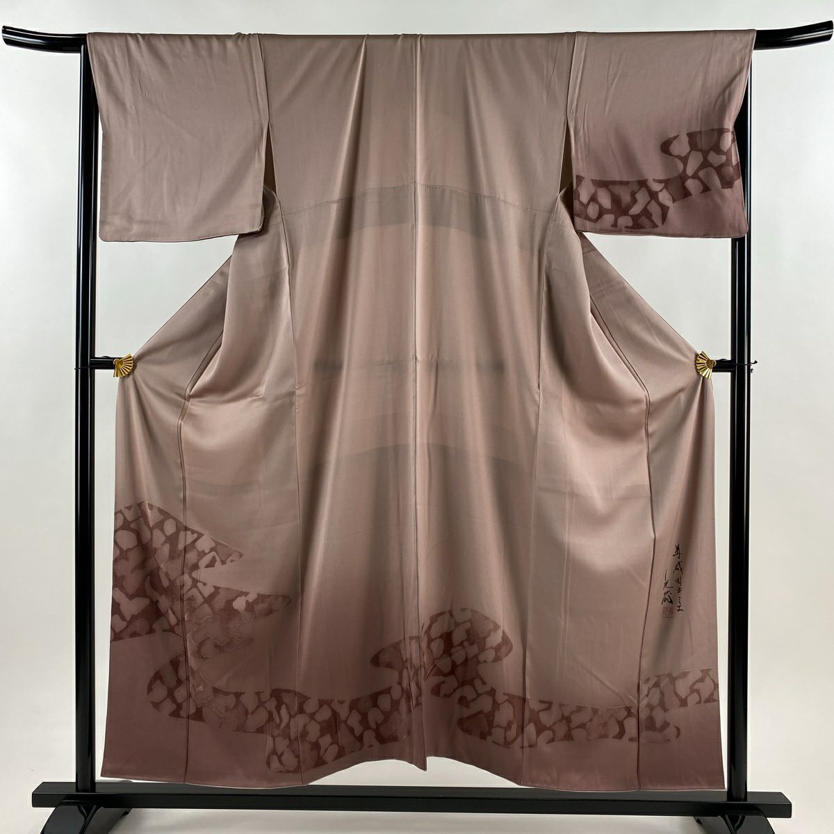 【美品】 付下 身長154.5cm 袖長67cm M 雙層 落款あり 霞 幾何學圖案 淺小豆 純蠶絲 優品級