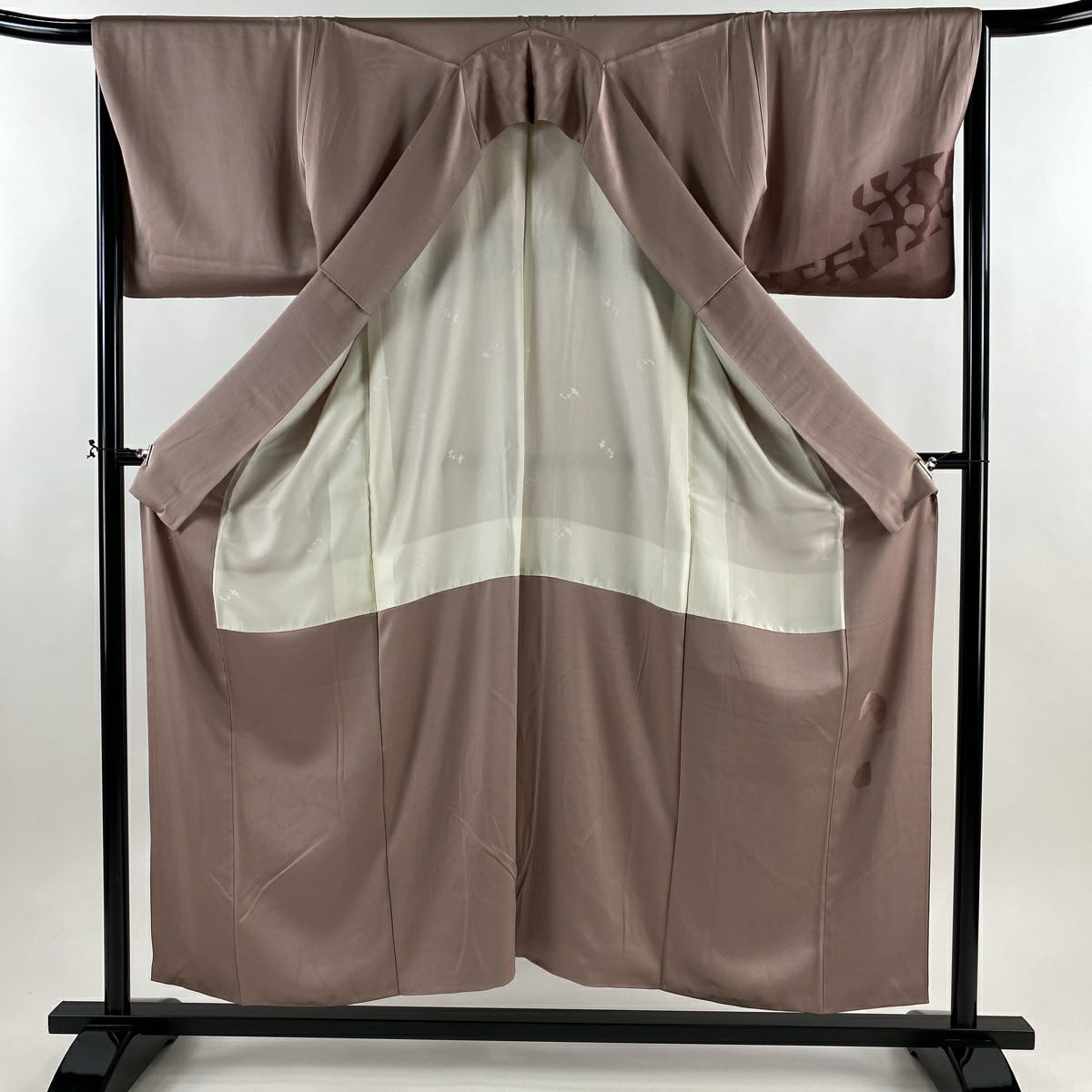 【美品】 付下 身長154.5cm 袖長67cm M 雙層 落款あり 霞 幾何學圖案 淺小豆 純蠶絲 優品級