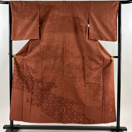 【美品】訪問服 身長155cm 袖長64.5cm M 雙層 紬織織 草花紋紋 露芝 紅茶 純蠶絲 秀品級
