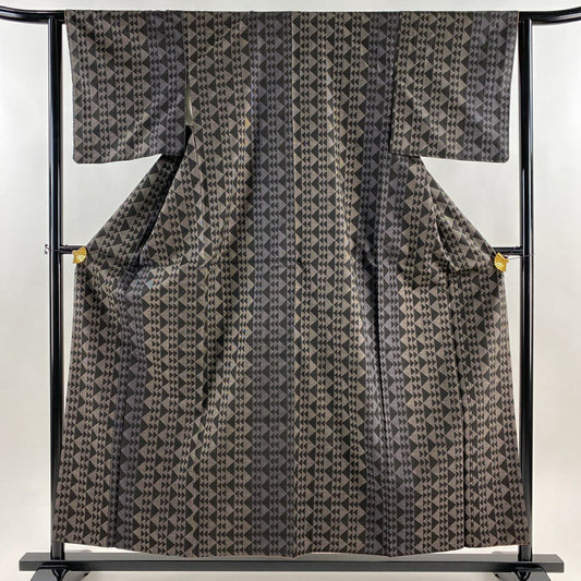 【美品】 紬織 身長157cm 袖長62cm S 雙層 鈕扣領 縱條 幾何圖案 焦茶 純蠶絲 秀品級