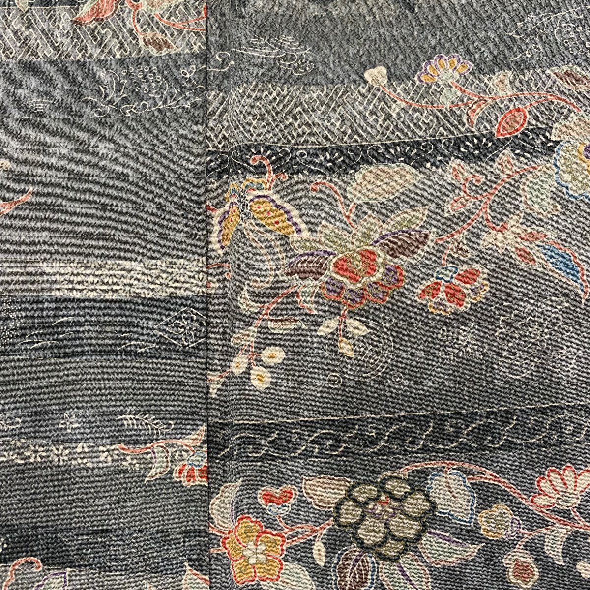 小紋 身長154.5cm 袖長61.5cm S 雙層 花唐草紋 段縞 縮緬 紅茶 純蠶絲 秀品級