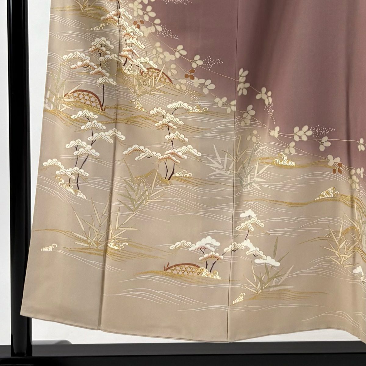 訪問服 身長153.5cm 袖長62.5cm S 雙層 松樹 萩 金絲 金銀彩 淺小豆 純蠶絲 優品級