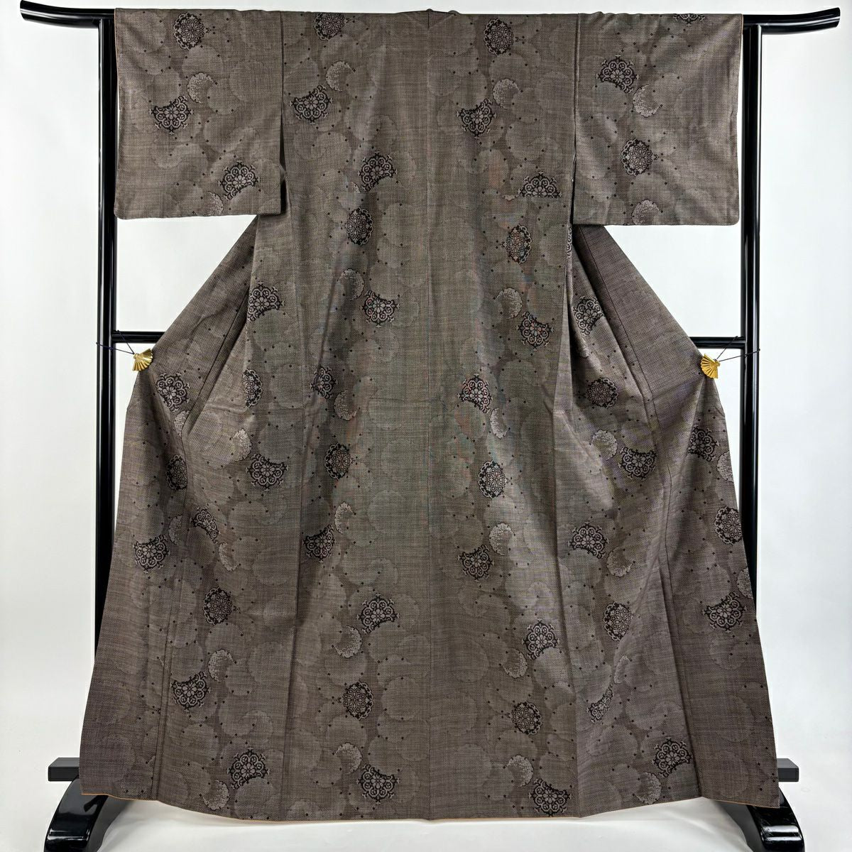 【美品】 紬織 身長166.5cm 袖長63.5cm S 雙層 華紋 雪輪 焦茶 純蠶絲 秀品級