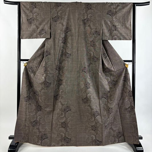 【美品】 紬織 身長166.5cm 袖長63.5cm S 雙層 華紋 雪輪 焦茶 純蠶絲 秀品級