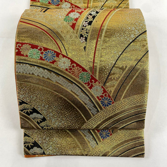 袋帶 秀品級 振袖禮服禮服用 花唐草紋 有職文樣 金金箔 金色 六通 純蠶絲