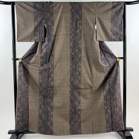 【美品】 紬織 身長164cm 袖長63cm S 雙層 垂直條紋 幾何圖案 茶 純蠶絲 秀品級
