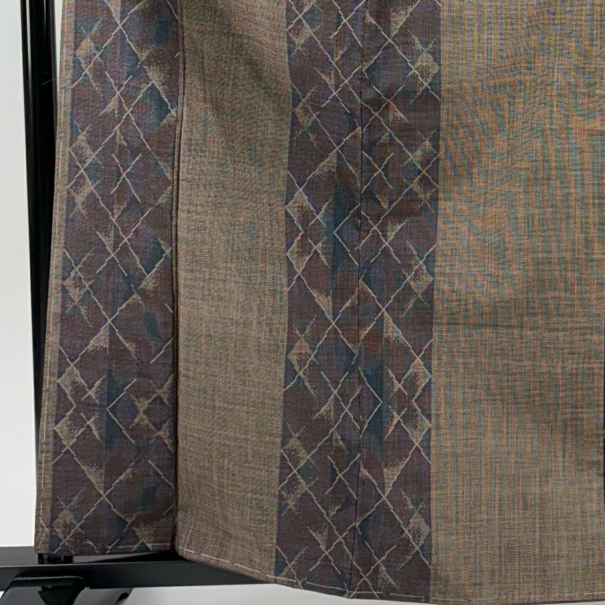 【美品】 紬織 身長164cm 袖長63cm S 雙層 垂直條紋 幾何圖案 茶 純蠶絲 秀品級