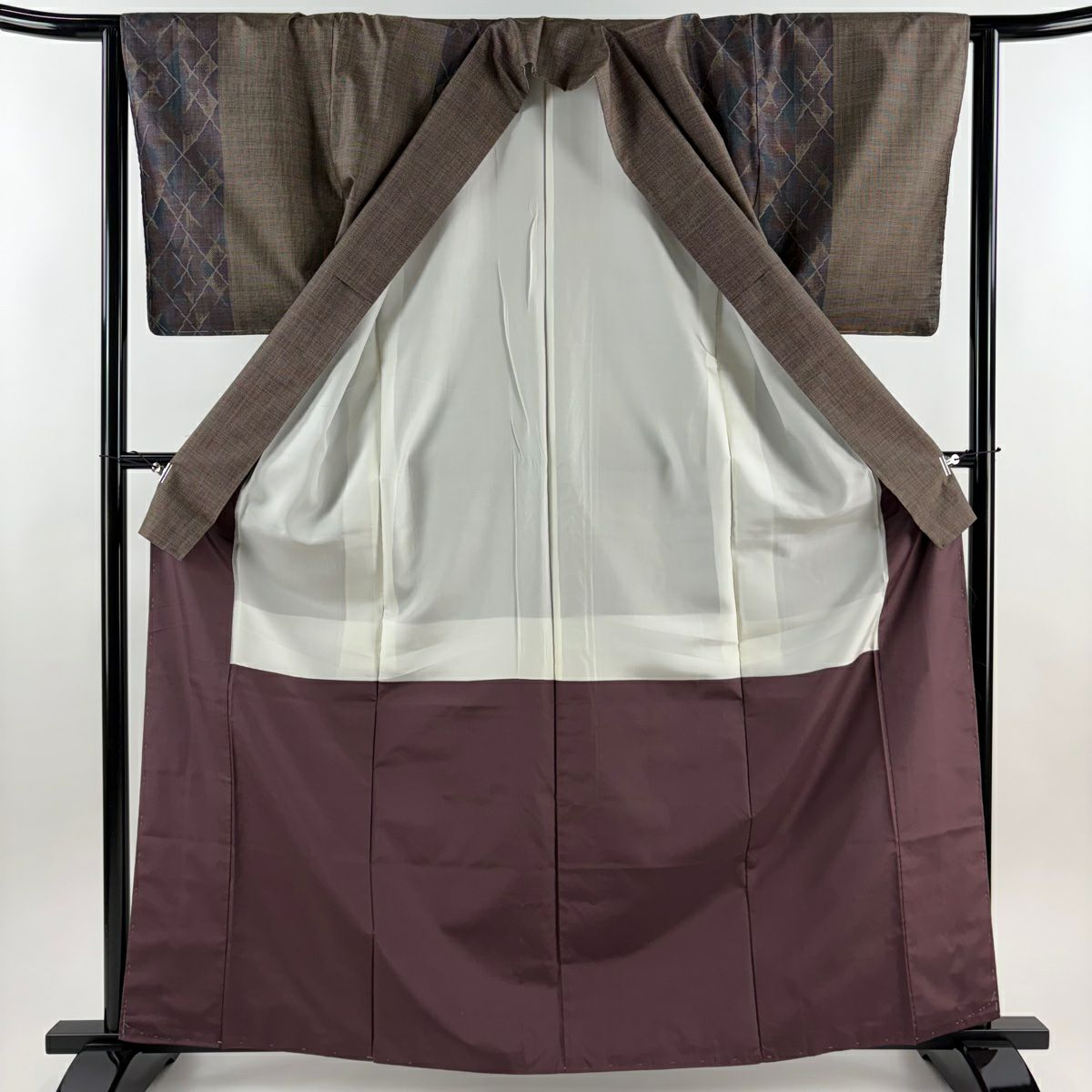 【美品】 紬織 身長164cm 袖長63cm S 雙層 垂直條紋 幾何圖案 茶 純蠶絲 秀品級