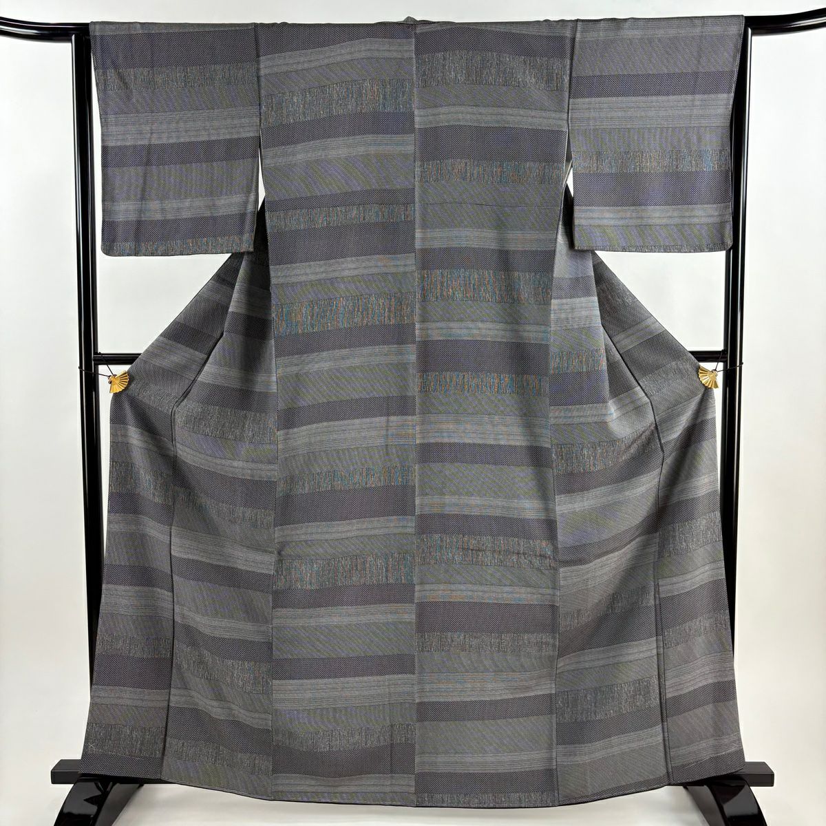 【美品】 小紋 身長164cm 袖長64cm M 雙層 橫段 鱗 墨色 純蠶絲 秀品級